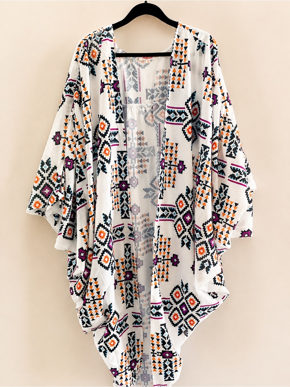 Mazik White Open-Front Boho Kimono with Multicolor Geometric Print